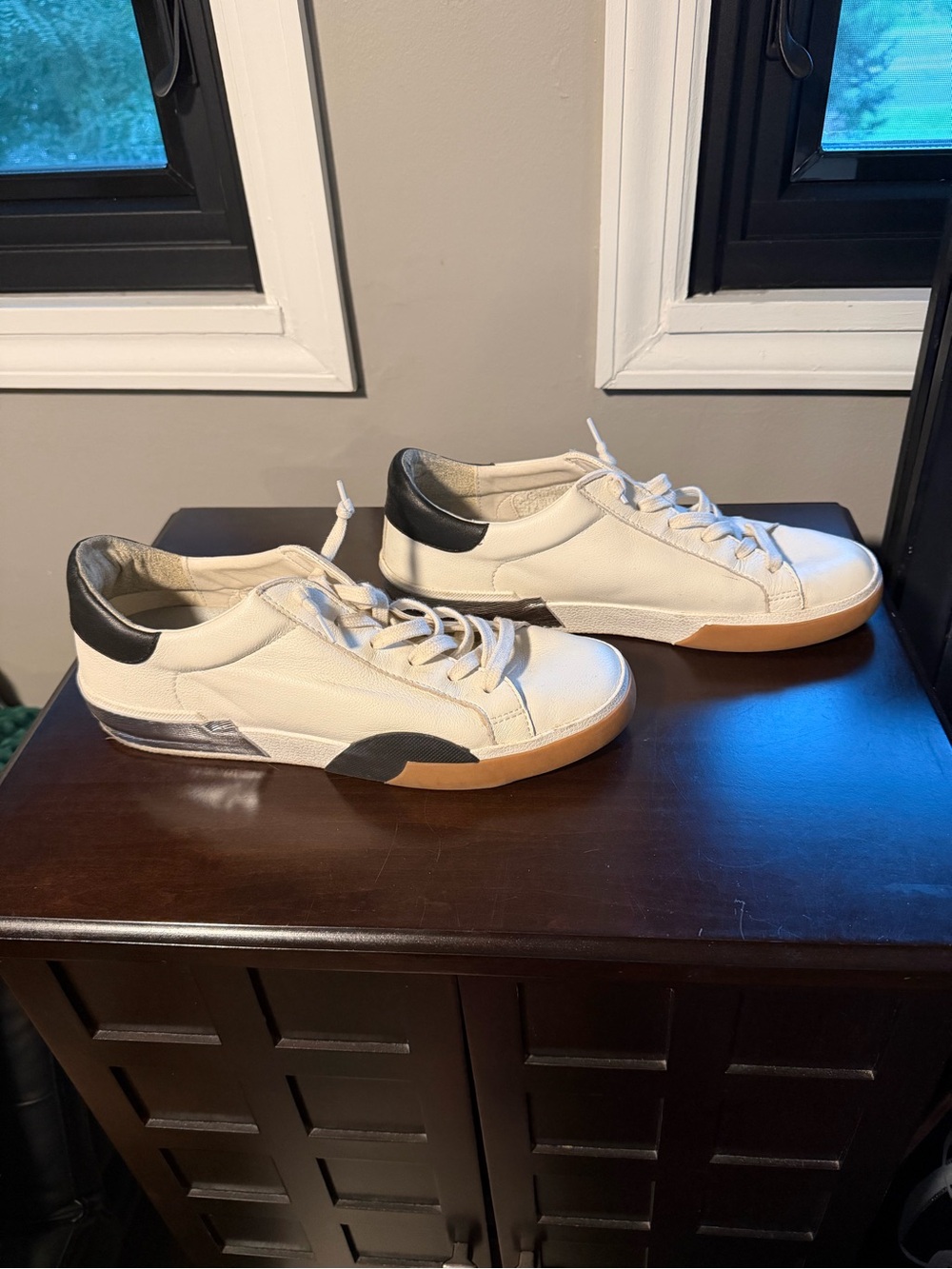Dolce Vita White Leather Sneakers with Black Heel, Silver Accent, & Camel Sole